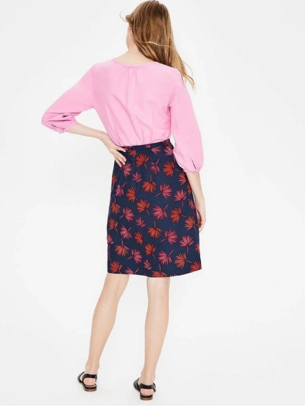 Boden Scattered‎ Holiday Palm Print A-Line Cotton Skirt Navy Blue & Pink Size 4